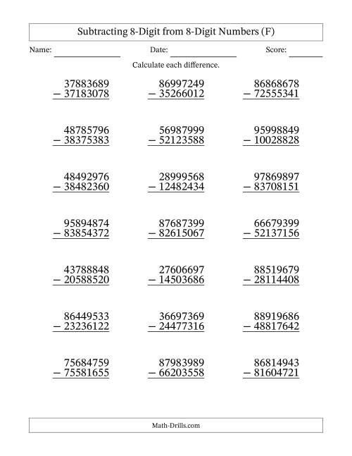 The Subtracting 8-Digit from 8-Digit Numbers With No Regrouping (21 Questions) (F) Math Worksheet