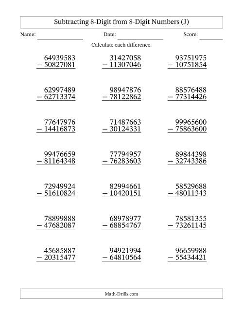 The Subtracting 8-Digit from 8-Digit Numbers With No Regrouping (21 Questions) (J) Math Worksheet