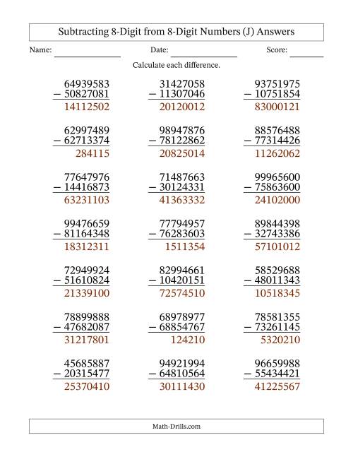 The Subtracting 8-Digit from 8-Digit Numbers With No Regrouping (21 Questions) (J) Math Worksheet Page 2