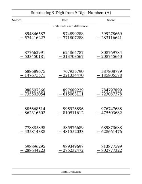 The 9-Digit Minus 9-Digit Subtraction with NO Regrouping (A) Math Worksheet