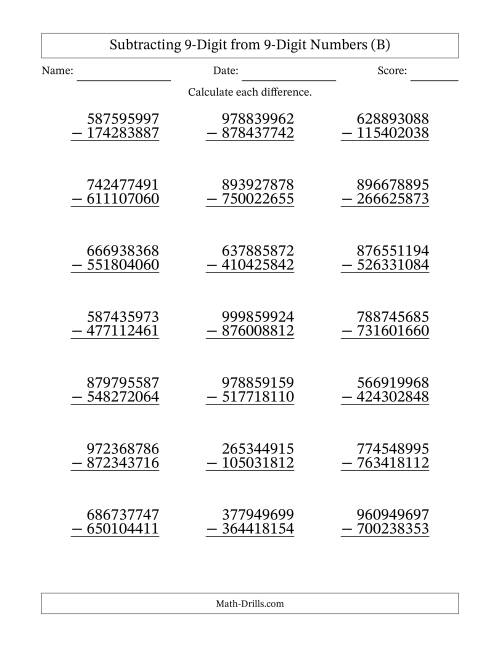 The Subtracting 9-Digit from 9-Digit Numbers With No Regrouping (21 Questions) (B) Math Worksheet