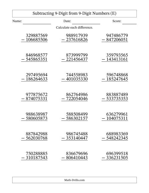 The Subtracting 9-Digit from 9-Digit Numbers With No Regrouping (21 Questions) (E) Math Worksheet
