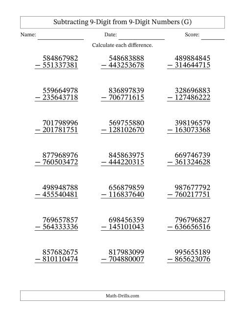 The Subtracting 9-Digit from 9-Digit Numbers With No Regrouping (21 Questions) (G) Math Worksheet