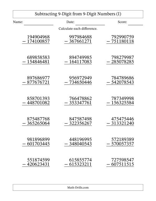 The Subtracting 9-Digit from 9-Digit Numbers With No Regrouping (21 Questions) (I) Math Worksheet