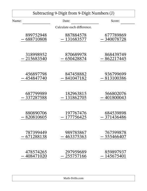The Subtracting 9-Digit from 9-Digit Numbers With No Regrouping (21 Questions) (J) Math Worksheet