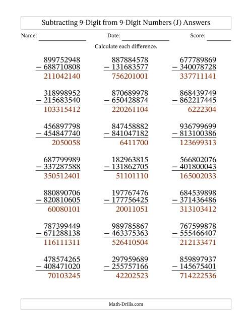 The Subtracting 9-Digit from 9-Digit Numbers With No Regrouping (21 Questions) (J) Math Worksheet Page 2
