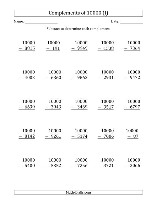 The Complements 10000 by Subtracting (I) Math Worksheet