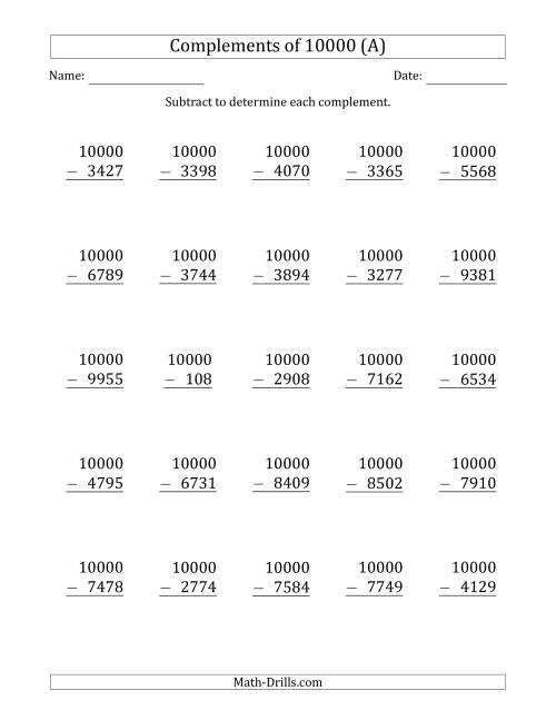 The Complements 10000 by Subtracting (All) Math Worksheet
