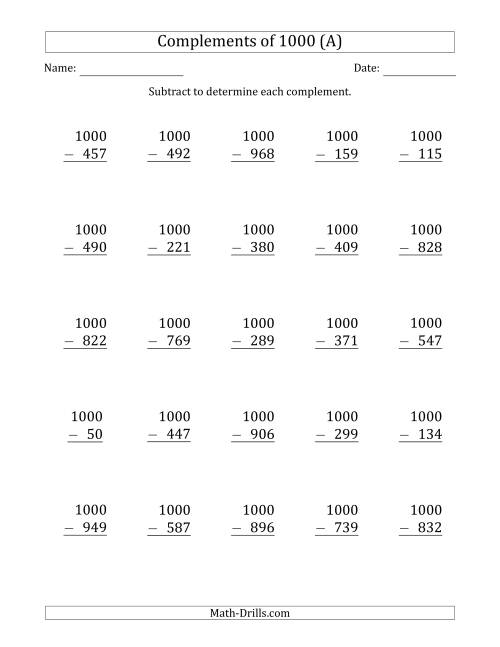 The Complements of 1000 by Subtracting (A) Math Worksheet