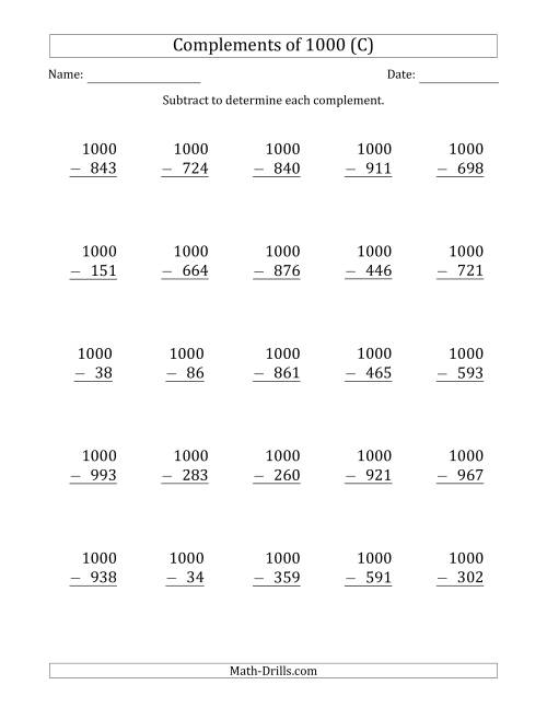 The Complements of 1000 by Subtracting (C) Math Worksheet