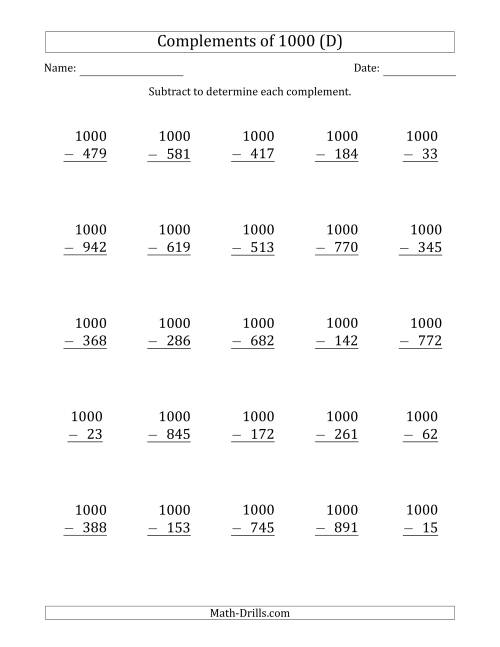 The Complements of 1000 by Subtracting (D) Math Worksheet