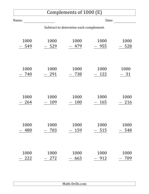 The Complements of 1000 by Subtracting (E) Math Worksheet