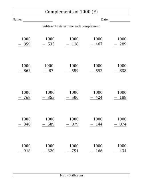The Complements of 1000 by Subtracting (F) Math Worksheet