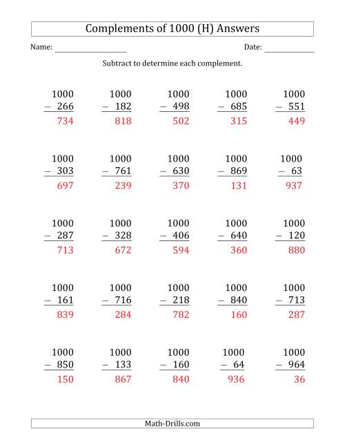 The Complements of 1000 by Subtracting (H) Math Worksheet Page 2