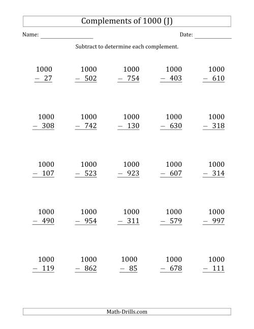 The Complements of 1000 by Subtracting (J) Math Worksheet