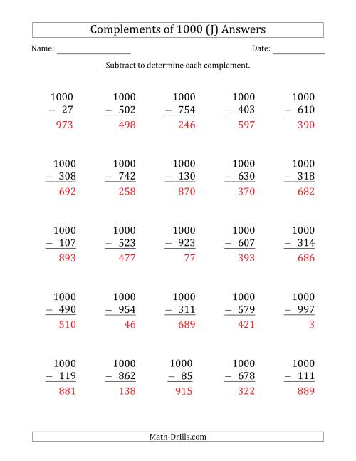 The Complements of 1000 by Subtracting (J) Math Worksheet Page 2