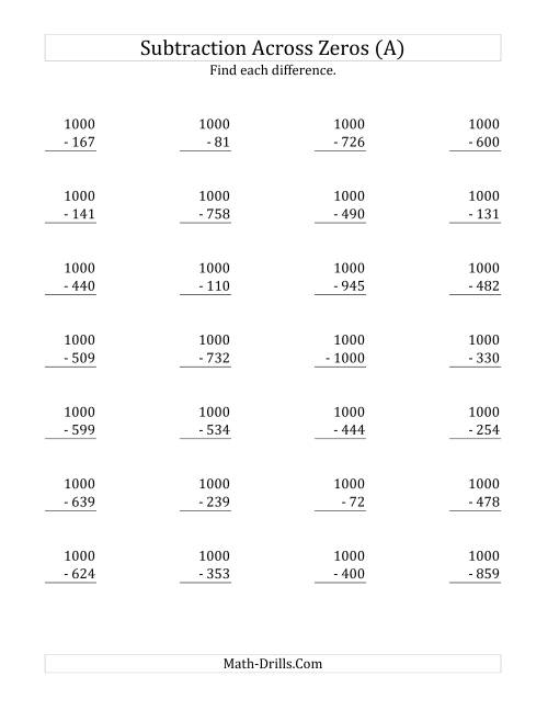 The Subtracting Across Zeros from 1000 (Old) Math Worksheet