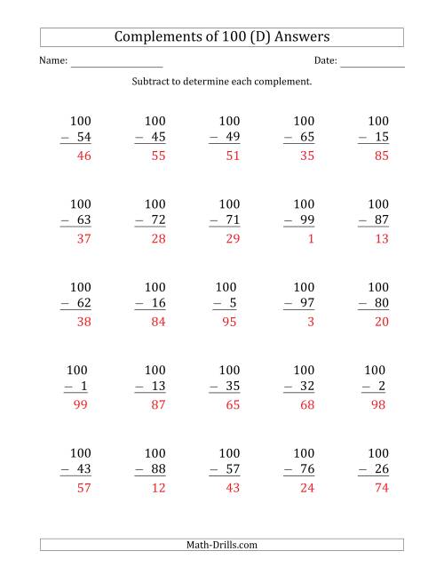 The Complements of 100 by Subtracting (D) Math Worksheet Page 2