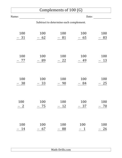 The Complements of 100 by Subtracting (G) Math Worksheet