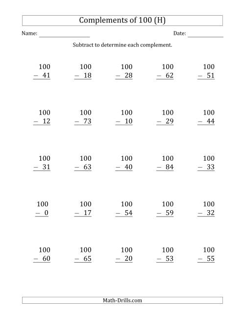 The Complements of 100 by Subtracting (H) Math Worksheet