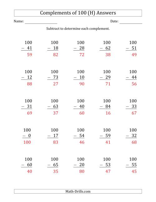 The Complements of 100 by Subtracting (H) Math Worksheet Page 2