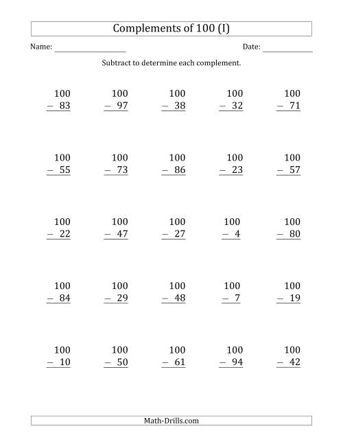 The Complements of 100 by Subtracting (I) Math Worksheet