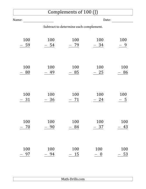 The Complements of 100 by Subtracting (J) Math Worksheet