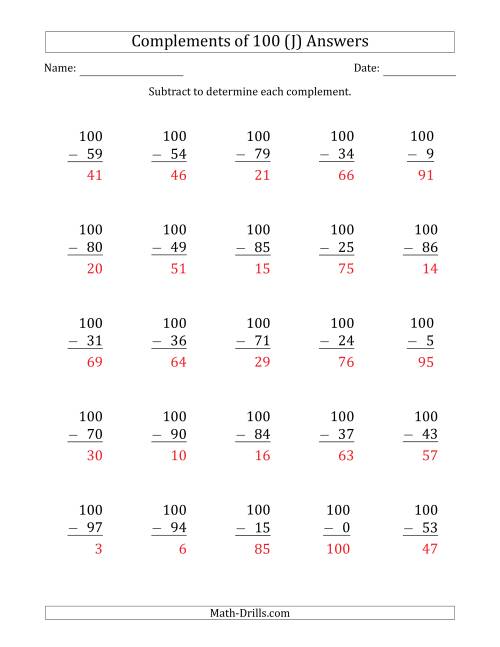 The Complements of 100 by Subtracting (J) Math Worksheet Page 2