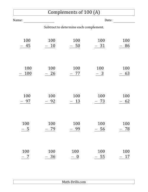 The Complements of 100 by Subtracting (All) Math Worksheet