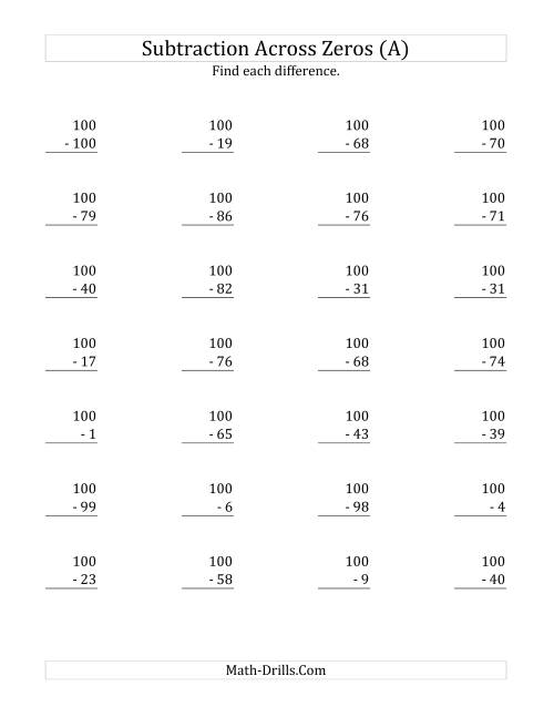The Subtracting Across Zeros from 100 (Old) Math Worksheet