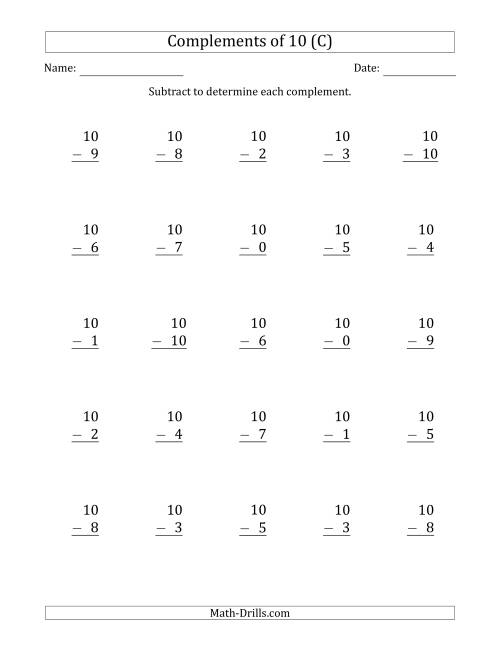 The Complements of 10 by Subtracting (C) Math Worksheet