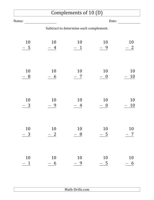 The Complements of 10 by Subtracting (D) Math Worksheet