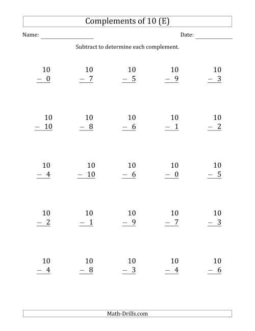 The Complements of 10 by Subtracting (E) Math Worksheet