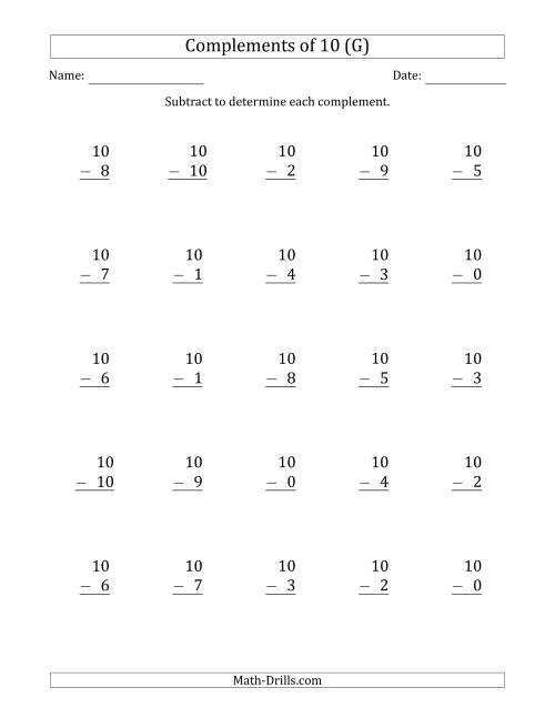 The Complements of 10 by Subtracting (G) Math Worksheet