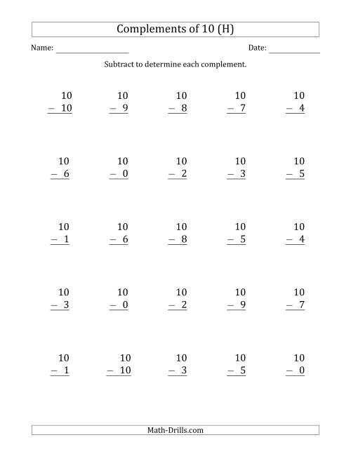 The Complements of 10 by Subtracting (H) Math Worksheet