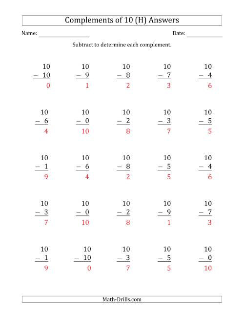 The Complements of 10 by Subtracting (H) Math Worksheet Page 2