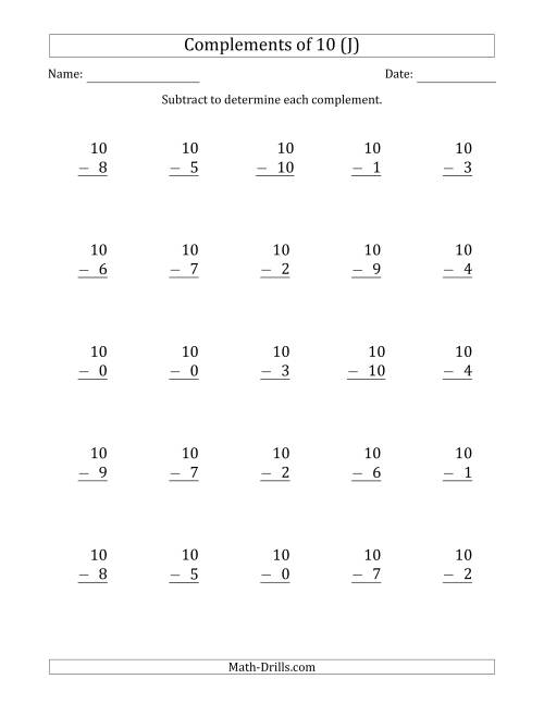 The Complements of 10 by Subtracting (J) Math Worksheet