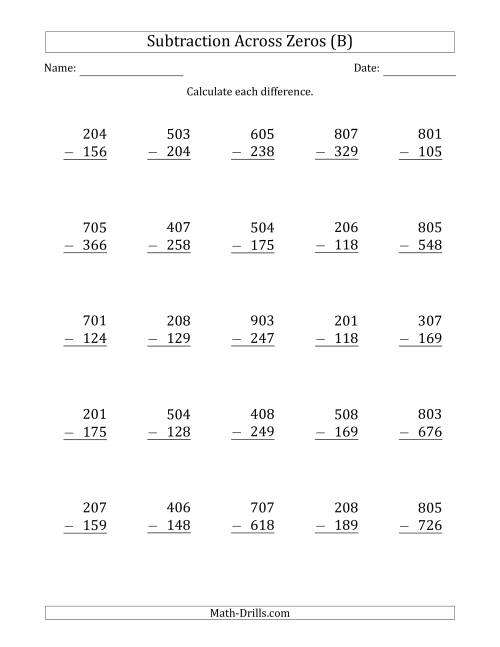 The 3-Digit Subtracting Across Zeros in the Middle (B) Math Worksheet