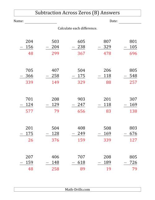 The 3-Digit Subtracting Across Zeros in the Middle (B) Math Worksheet Page 2