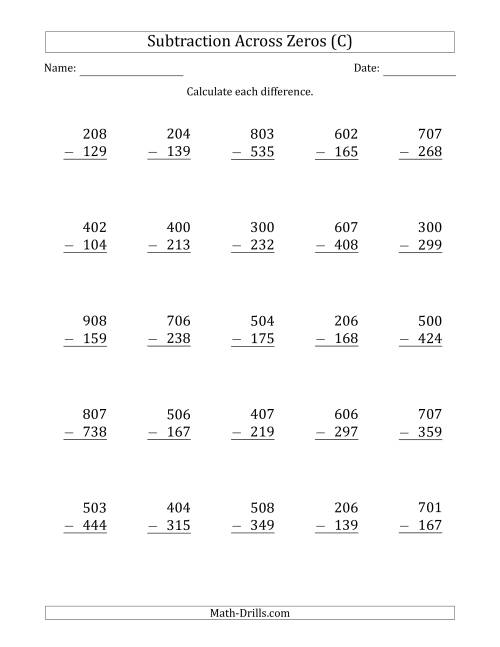 The 3-Digit Subtracting Across Zeros in the Middle (C) Math Worksheet