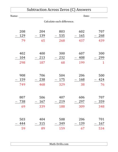 The 3-Digit Subtracting Across Zeros in the Middle (C) Math Worksheet Page 2