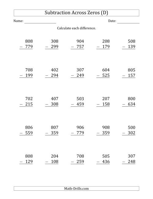 The 3-Digit Subtracting Across Zeros in the Middle (D) Math Worksheet