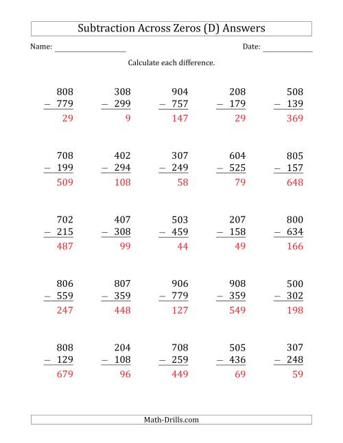 The 3-Digit Subtracting Across Zeros in the Middle (D) Math Worksheet Page 2