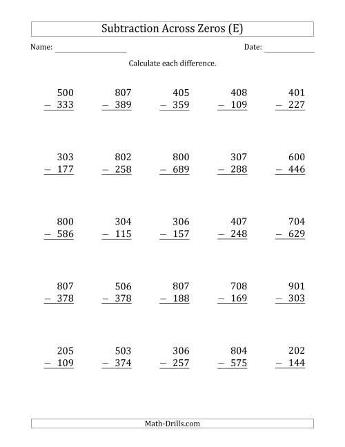 The 3-Digit Subtracting Across Zeros in the Middle (E) Math Worksheet