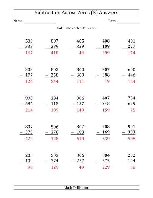 The 3-Digit Subtracting Across Zeros in the Middle (E) Math Worksheet Page 2