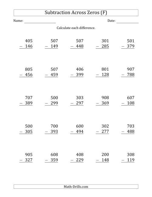 The 3-Digit Subtracting Across Zeros in the Middle (F) Math Worksheet