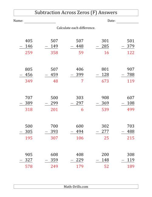 The 3-Digit Subtracting Across Zeros in the Middle (F) Math Worksheet Page 2