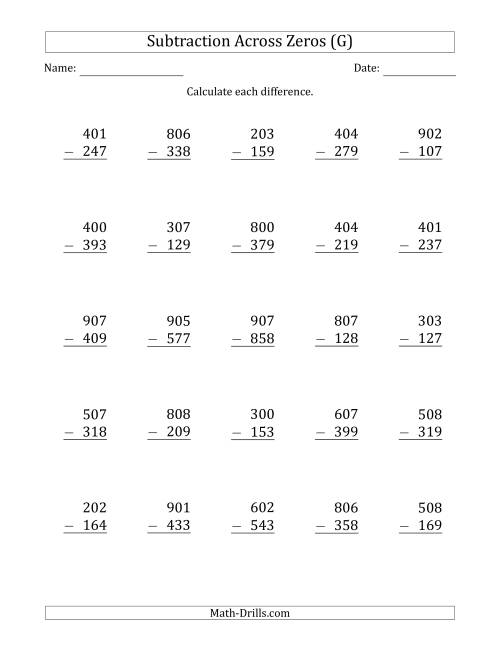 The 3-Digit Subtracting Across Zeros in the Middle (G) Math Worksheet