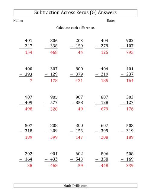 The 3-Digit Subtracting Across Zeros in the Middle (G) Math Worksheet Page 2