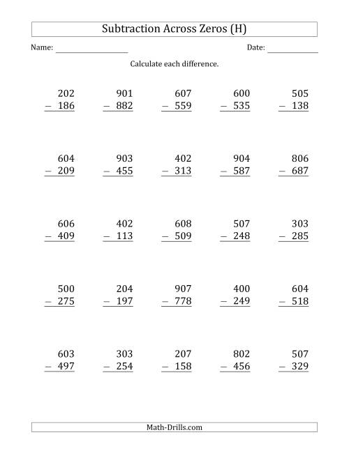 The 3-Digit Subtracting Across Zeros in the Middle (H) Math Worksheet